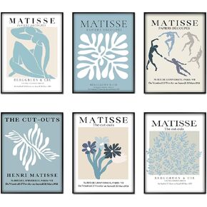 Kousne Navy Blue Matisse Wall Art Prints Set of 6 Henri Matisse PrintsPoster Flower Market Minimalist Painting Pictures Abstract Aesthetic for Room Bedroom 8x10 Inch Unframed