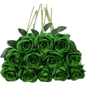 12pcs Dark Green Rose Artificial Flowers,Fake Roses Silk Rose Flower 50cm Faux Roses with Stems Blossom Bridal Rose Bouquet for Wedding Home Party Decoration (Dark Green)…