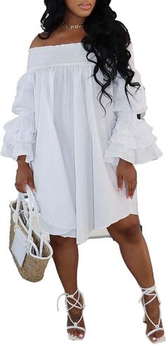 WOKANSE Women's Sexy Solid Color Layered Flare Sleeve Cold Shoulder A Line Shoulder Ruched Midi Dresses Night Out in Kuwait