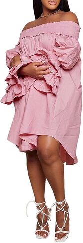 WOKANSE Women's Sexy Solid Color Layered Flare Sleeve Cold Shoulder A Line Shoulder Ruched Midi Dresses Night Out in Kuwait