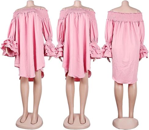 WOKANSE Women's Sexy Solid Color Layered Flare Sleeve Cold Shoulder A Line Shoulder Ruched Midi Dresses Night Out in Kuwait