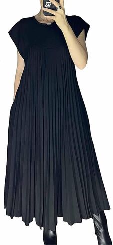 Women's Summer Pleated Maxi Dress 2024 Casual Cap Sleeve Loose Fit Flowy Long Dresses with Pockets in Saudi Arabia