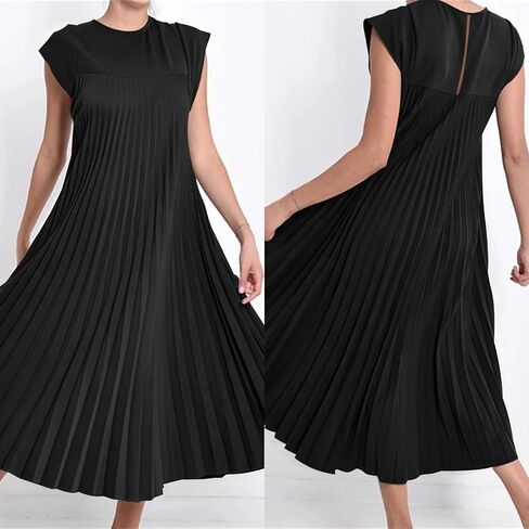 Women's Summer Pleated Maxi Dress 2024 Casual Cap Sleeve Loose Fit Flowy Long Dresses with Pockets in Saudi Arabia