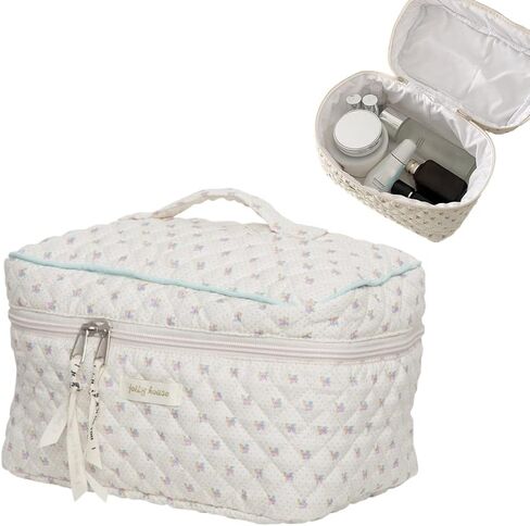 Aesthetic Kawaii Cute Makeup Bag Travel Cotton Quilted Cosmetic Organizer with Handle Toiletry Pouch for Women Teen Girls (Beige Floral) in Kuwait