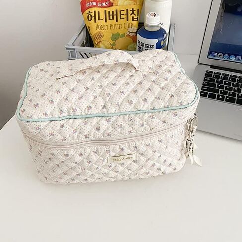 Aesthetic Kawaii Cute Makeup Bag Travel Cotton Quilted Cosmetic Organizer with Handle Toiletry Pouch for Women Teen Girls (Beige Floral) in Kuwait