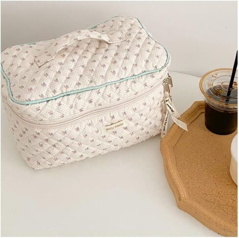 Aesthetic Kawaii Cute Makeup Bag Travel Cotton Quilted Cosmetic Organizer with Handle Toiletry Pouch for Women Teen Girls (Beige Floral) in Kuwait
