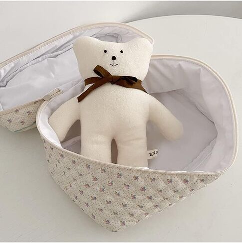 Aesthetic Kawaii Cute Makeup Bag Travel Cotton Quilted Cosmetic Organizer with Handle Toiletry Pouch for Women Teen Girls (Beige Floral) in Kuwait