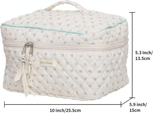 Aesthetic Kawaii Cute Makeup Bag Travel Cotton Quilted Cosmetic Organizer with Handle Toiletry Pouch for Women Teen Girls (Beige Floral) in Kuwait
