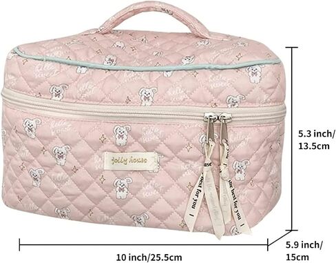 Aesthetic Kawaii Cute Makeup Bag Travel Cotton Quilted Cosmetic Organizer with Handle Toiletry Pouch for Women Teen Girls (Beige Floral) in Kuwait