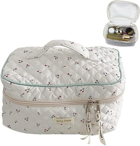 حقيبة مكياج جمالية كاواي لطيفة للسفر مبطنة بالقطن منظم مستحضرات التجميل مع مقبض وحقيبة أدوات الزينة للنساء والفتيات المراهقات (أزهار بيج) in Kuwait