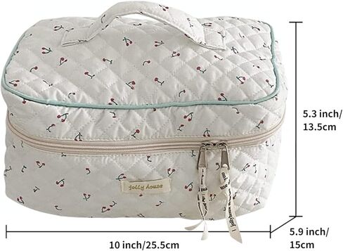 حقيبة مكياج جمالية كاواي لطيفة للسفر مبطنة بالقطن منظم مستحضرات التجميل مع مقبض وحقيبة أدوات الزينة للنساء والفتيات المراهقات (أزهار بيج) in Kuwait