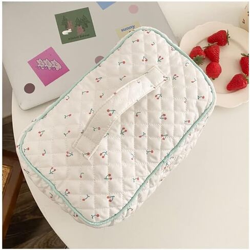 حقيبة مكياج جمالية كاواي لطيفة للسفر مبطنة بالقطن منظم مستحضرات التجميل مع مقبض وحقيبة أدوات الزينة للنساء والفتيات المراهقات (أزهار بيج) in Kuwait