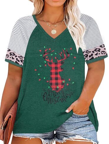 المرأة حجم كبير قمصان الرنة عيد ميلاد سعيد ليوبارد منقوشة التي شيرت عادية Vneck عطلة قصيرة الأكمام تي شيرت هدية عيد الميلاد in Kuwait