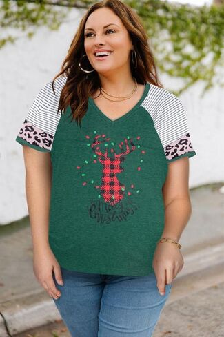 المرأة حجم كبير قمصان الرنة عيد ميلاد سعيد ليوبارد منقوشة التي شيرت عادية Vneck عطلة قصيرة الأكمام تي شيرت هدية عيد الميلاد in Kuwait