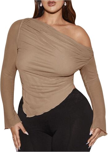 MakeMeChic Women's Plus Size Casual Mesh One Shoulder Lettuce Trim Ruched Asymmetrical Hem Tee Shirt Tops in Kuwait