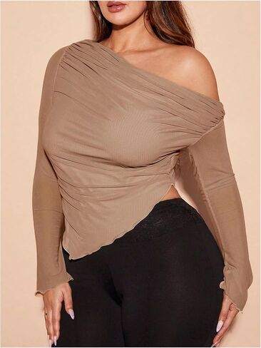MakeMeChic Women's Plus Size Casual Mesh One Shoulder Lettuce Trim Ruched Asymmetrical Hem Tee Shirt Tops in Kuwait