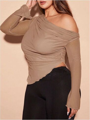 MakeMeChic Women's Plus Size Casual Mesh One Shoulder Lettuce Trim Ruched Asymmetrical Hem Tee Shirt Tops in Kuwait