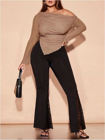 MakeMeChic Women's Plus Size Casual Mesh One Shoulder Lettuce Trim Ruched Asymmetrical Hem Tee Shirt Tops in Kuwait