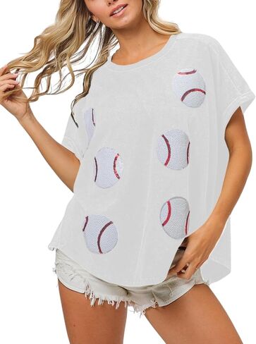 Womens Sparkle Baseball Sequin Tee Game Day Pullover T-Shirt Crewneck Oversized Short Sleeve Washed Tops in Saudi Arabia