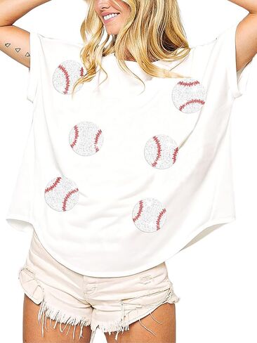 Womens Sparkle Baseball Sequin Tee Game Day Pullover T-Shirt Crewneck Oversized Short Sleeve Washed Tops in Saudi Arabia
