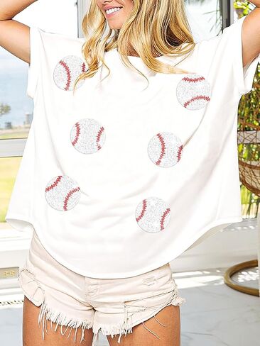 Womens Sparkle Baseball Sequin Tee Game Day Pullover T-Shirt Crewneck Oversized Short Sleeve Washed Tops in Saudi Arabia