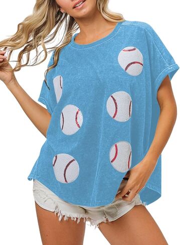 Womens Sparkle Baseball Sequin Tee Game Day Pullover T-Shirt Crewneck Oversized Short Sleeve Washed Tops in Saudi Arabia