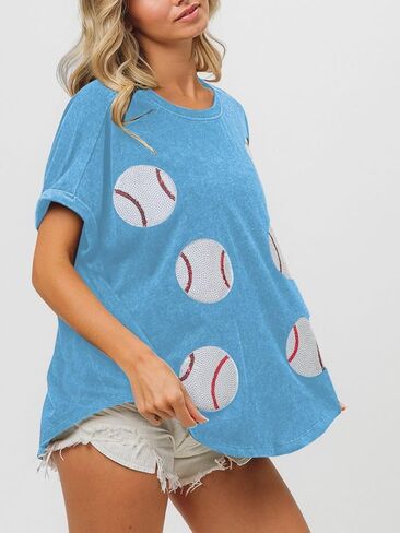 Womens Sparkle Baseball Sequin Tee Game Day Pullover T-Shirt Crewneck Oversized Short Sleeve Washed Tops in Saudi Arabia