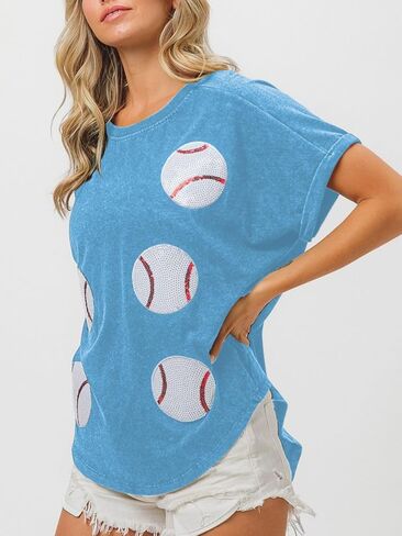 Womens Sparkle Baseball Sequin Tee Game Day Pullover T-Shirt Crewneck Oversized Short Sleeve Washed Tops in Saudi Arabia