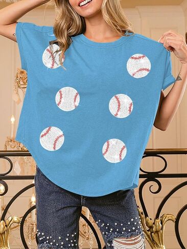 Womens Sparkle Baseball Sequin Tee Game Day Pullover T-Shirt Crewneck Oversized Short Sleeve Washed Tops in Saudi Arabia