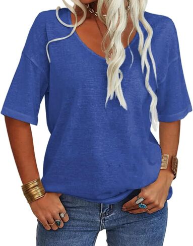 Grlasen Womens Summer Tops Fashion V Neck Half Sleeve Oversized T Shirts Elbow Length Tee Shirts Casual Tops Loose Fit in Saudi Arabia