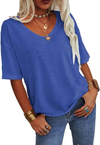 Grlasen Womens Summer Tops Fashion V Neck Half Sleeve Oversized T Shirts Elbow Length Tee Shirts Casual Tops Loose Fit in Saudi Arabia