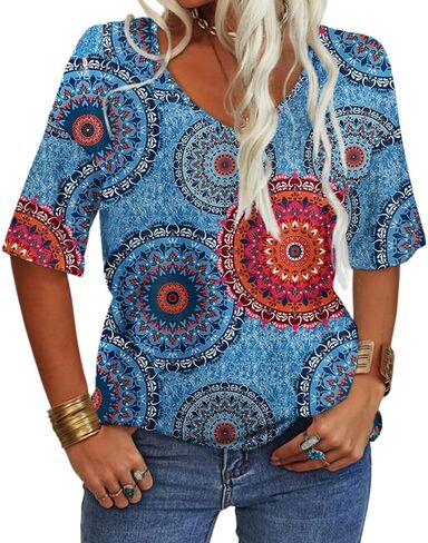 Grlasen Womens Summer Tops Fashion V Neck Half Sleeve Oversized T Shirts Elbow Length Tee Shirts Casual Tops Loose Fit in Saudi Arabia
