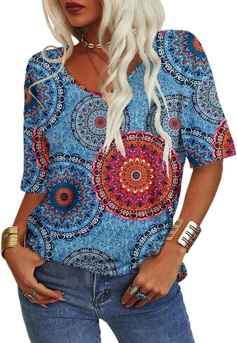 Grlasen Womens Summer Tops Fashion V Neck Half Sleeve Oversized T Shirts Elbow Length Tee Shirts Casual Tops Loose Fit in Saudi Arabia