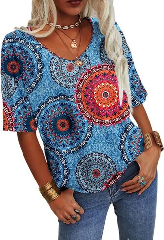 Grlasen Womens Summer Tops Fashion V Neck Half Sleeve Oversized T Shirts Elbow Length Tee Shirts Casual Tops Loose Fit in Saudi Arabia