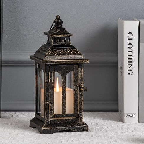 DECORKEY Candle Lantern Decorative Indoor & Outdoor, Christmas Vintage Metal Hanging Lanterns Decor for Front Porch Home Patio Wedding Party, Halloween Decorations (Black with Copper Brush) in Saudi Arabia
