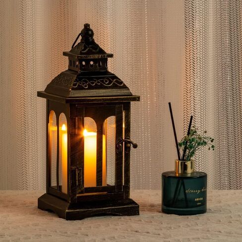 DECORKEY Candle Lantern Decorative Indoor & Outdoor, Christmas Vintage Metal Hanging Lanterns Decor for Front Porch Home Patio Wedding Party, Halloween Decorations (Black with Copper Brush) in Saudi Arabia