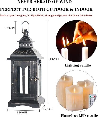 DECORKEY Candle Lantern Decorative Indoor & Outdoor, Christmas Vintage Metal Hanging Lanterns Decor for Front Porch Home Patio Wedding Party, Halloween Decorations (Black with Copper Brush) in Saudi Arabia