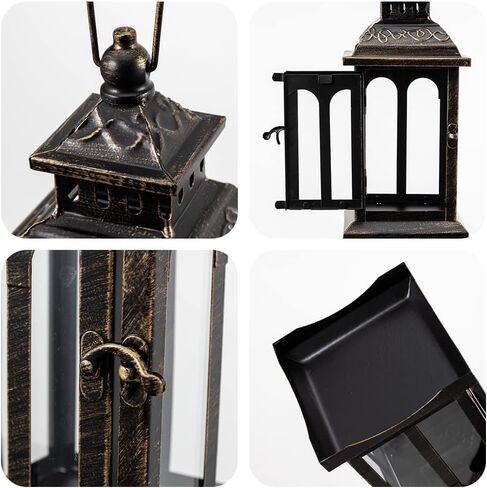 DECORKEY Candle Lantern Decorative Indoor & Outdoor, Christmas Vintage Metal Hanging Lanterns Decor for Front Porch Home Patio Wedding Party, Halloween Decorations (Black with Copper Brush) in Saudi Arabia