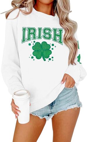 FASHGL Women St. Patrick's Day Sweatshirts Irish Shamrock Lucky Shirt Clover Printed Long Sleeve Tee Holiday Outwear Tops in Saudi Arabia