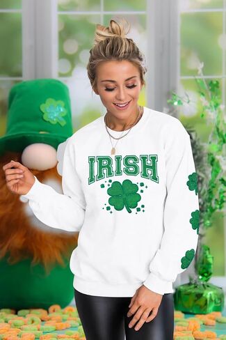 FASHGL Women St. Patrick's Day Sweatshirts Irish Shamrock Lucky Shirt Clover Printed Long Sleeve Tee Holiday Outwear Tops in Saudi Arabia