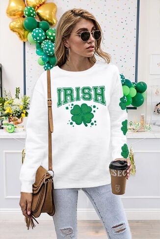 FASHGL Women St. Patrick's Day Sweatshirts Irish Shamrock Lucky Shirt Clover Printed Long Sleeve Tee Holiday Outwear Tops in Saudi Arabia
