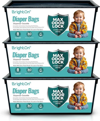 BrightOn Diaper Pail Refills with 90 Bags Compatible with Genie Easy Roll Signature Diaper Pails, 3-Pack (90 Bags) in Saudi Arabia