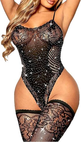 Women Fishnet Bodysuits Mesh Bodystocking Sparkle Rhinestone Bodycon Jumpsuit with Thigh High Stockings in Saudi Arabia