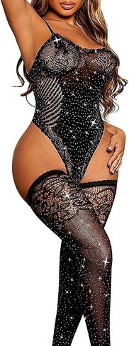 Women Fishnet Bodysuits Mesh Bodystocking Sparkle Rhinestone Bodycon Jumpsuit with Thigh High Stockings in Saudi Arabia