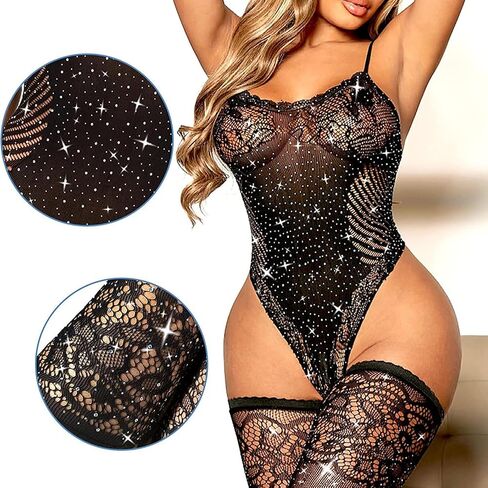 Women Fishnet Bodysuits Mesh Bodystocking Sparkle Rhinestone Bodycon Jumpsuit with Thigh High Stockings in Saudi Arabia