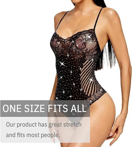 Women Fishnet Bodysuits Mesh Bodystocking Sparkle Rhinestone Bodycon Jumpsuit with Thigh High Stockings in Saudi Arabia
