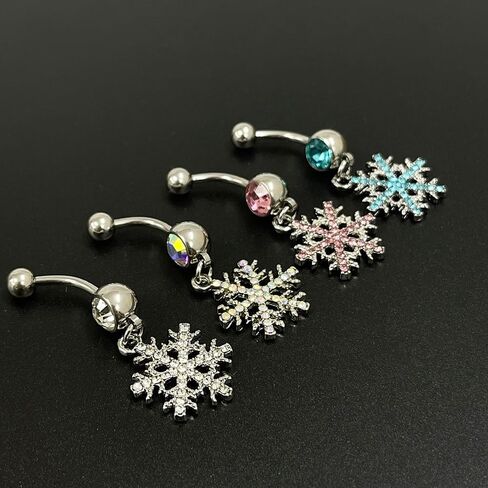 14G Sparkle Rhinestone Snowflake Dangle Belly Button Ring for Women Hypoallergenic Surgical Steel Belly Navel Rings Belly Curved Barbell Dainty Winter Body Piercing Jewelry in Kuwait