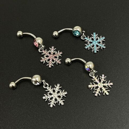 14G Sparkle Rhinestone Snowflake Dangle Belly Button Ring for Women Hypoallergenic Surgical Steel Belly Navel Rings Belly Curved Barbell Dainty Winter Body Piercing Jewelry in Kuwait
