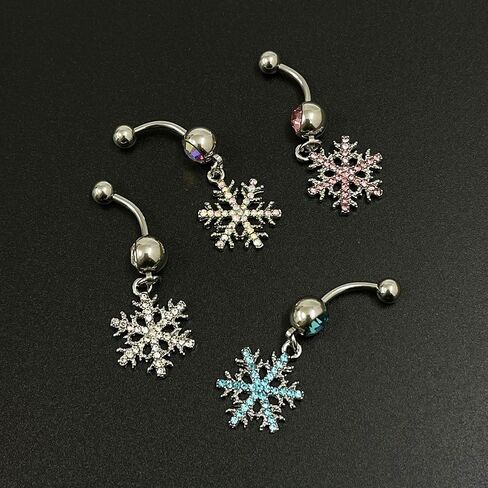 14G Sparkle Rhinestone Snowflake Dangle Belly Button Ring for Women Hypoallergenic Surgical Steel Belly Navel Rings Belly Curved Barbell Dainty Winter Body Piercing Jewelry in Kuwait