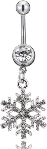 14G Sparkle Rhinestone Snowflake Dangle Belly Button Ring for Women Hypoallergenic Surgical Steel Belly Navel Rings Belly Curved Barbell Dainty Winter Body Piercing Jewelry in Kuwait